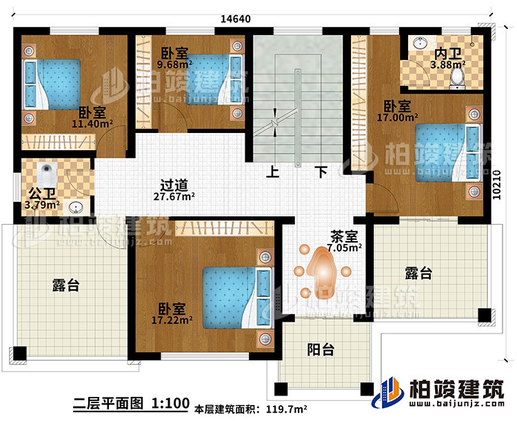 二层：4卧室，公卫，内卫，茶室，2露台 ，阳台